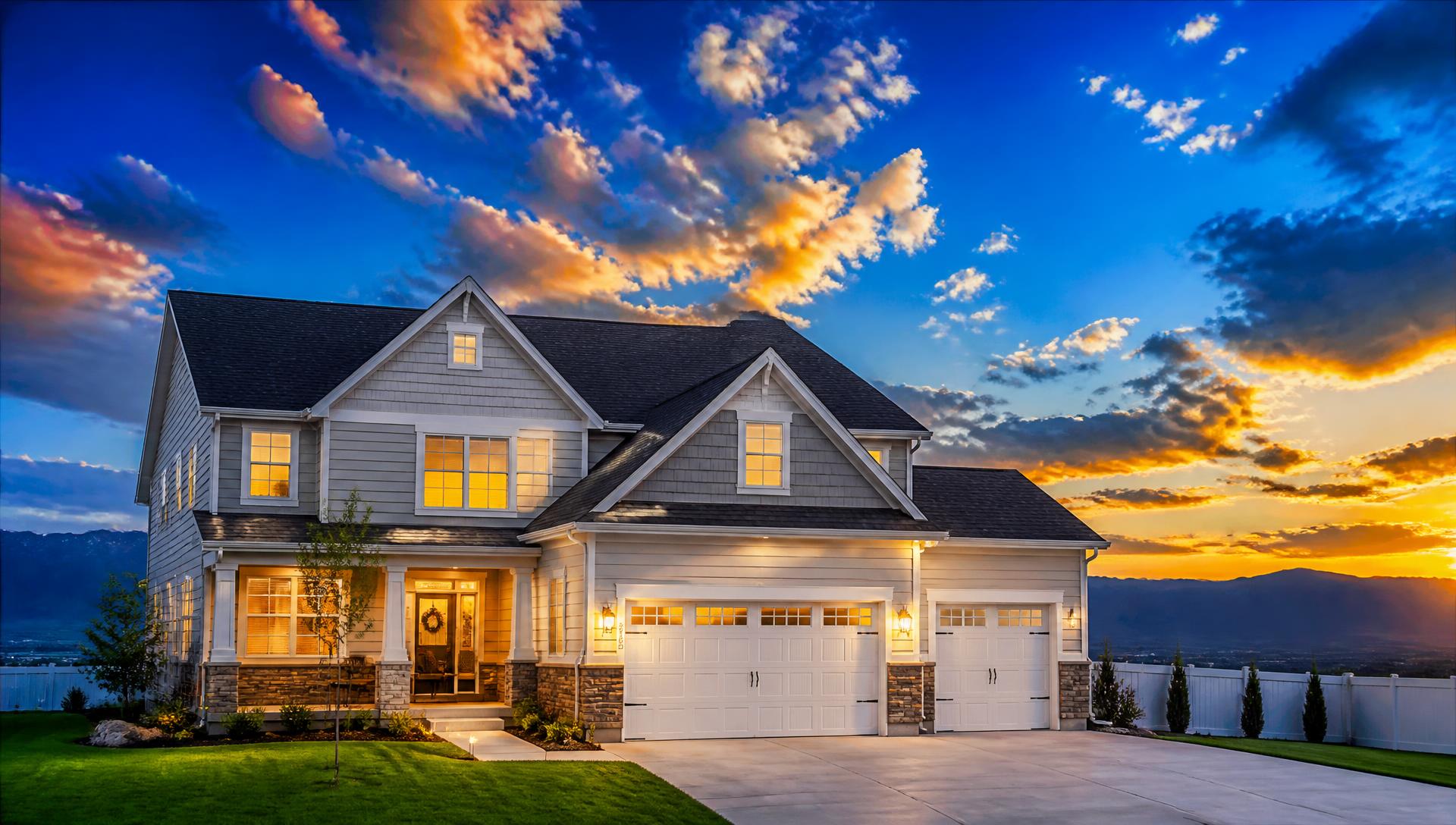 Home at dusk with warm interior lighting under a vivid blue sky